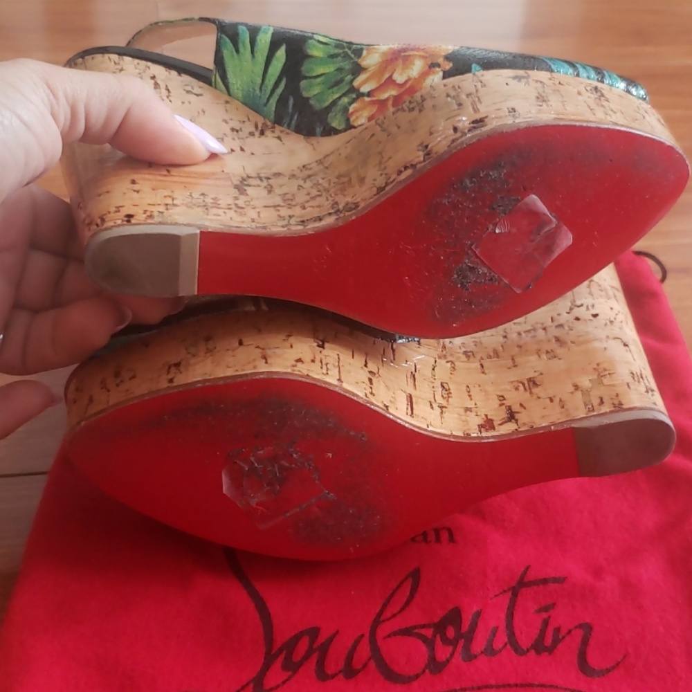 Christian Louboutin Black Floral Cork Wedge Sandals - Picture 5 of 8
